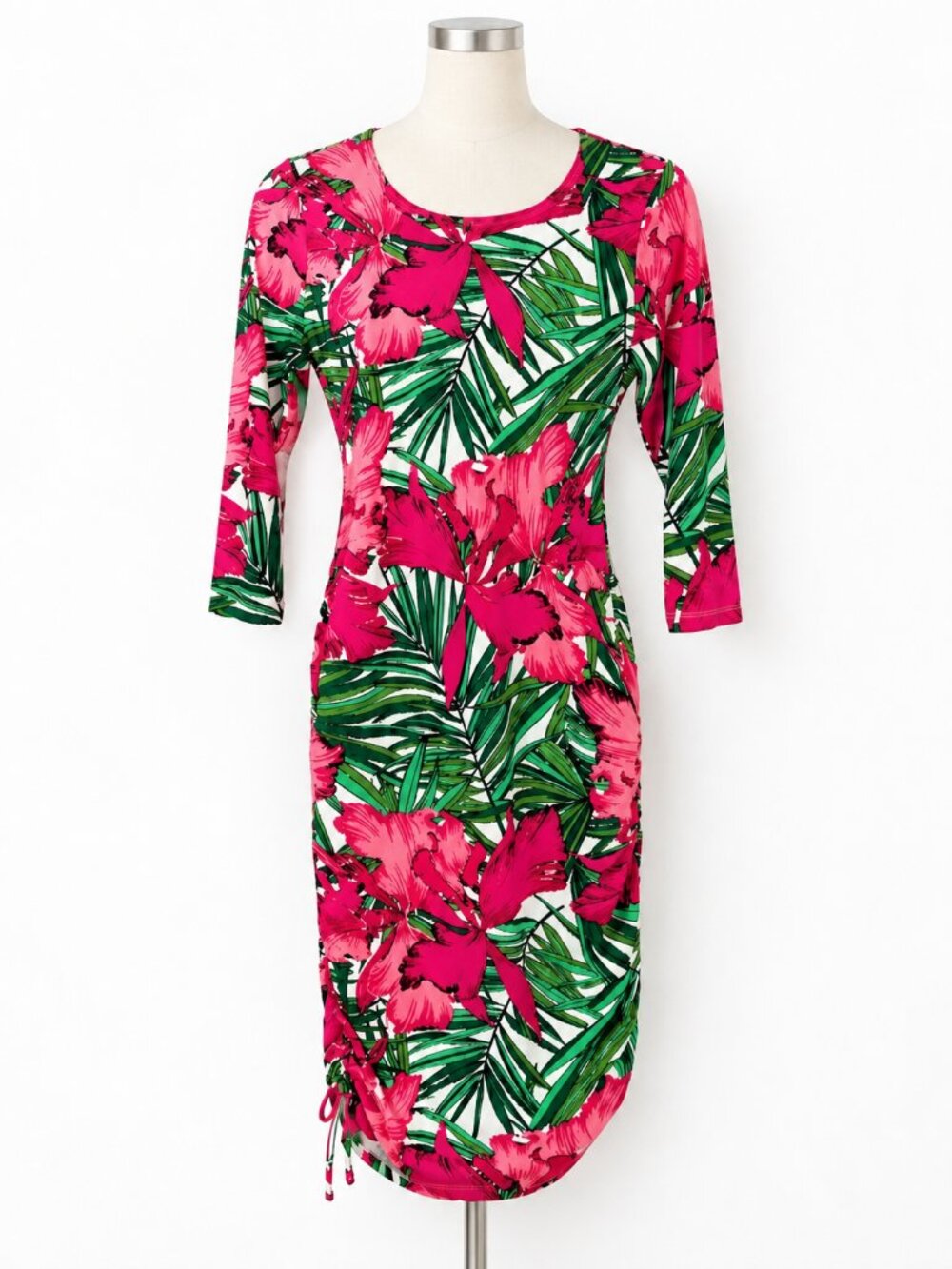 Michael Kors Pink Green Tropical Floral Ruched Bodycon Midi Dress 8 NWOT